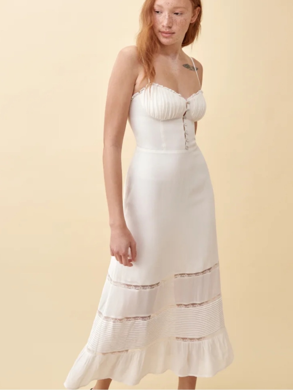 Reformation Cream Midi Dress with Lace Panels